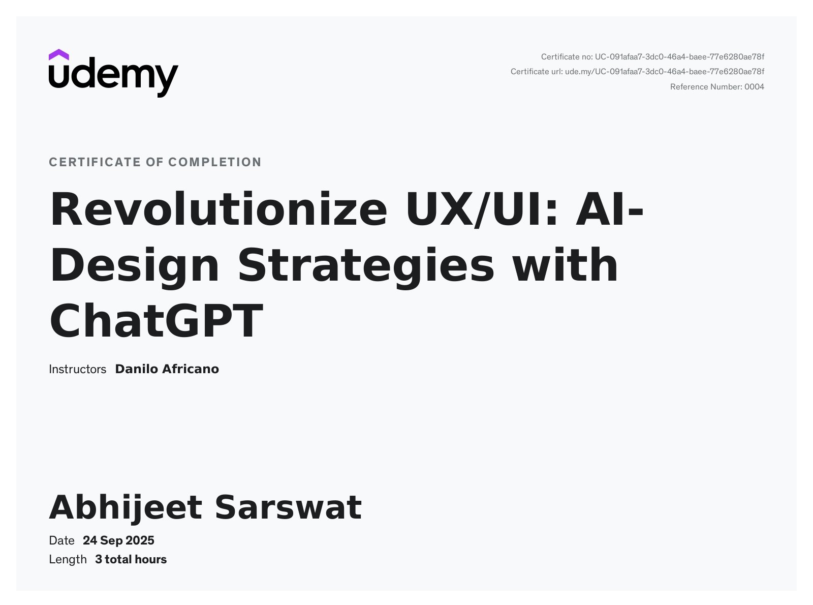 Revolutionize UX/UI: AI Design Strategies with ChatGPT — certificate issued by Udemy
