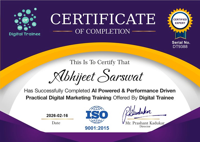AI Powered Performance Driven Digital Marketing Training — certificate issued by Digital Marketing